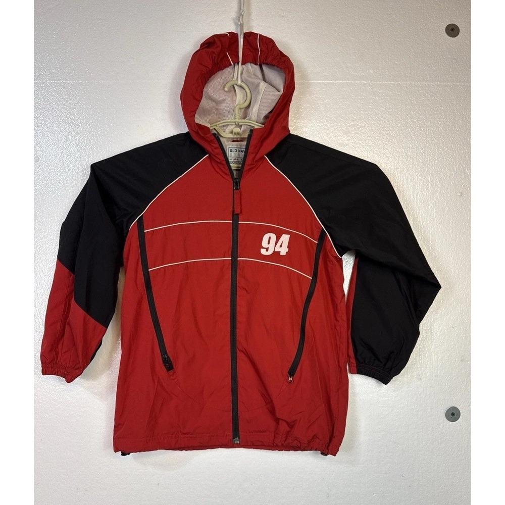 Vtg Old Navy Brand Hooded Windbreaker Kids Sz L Red Black 94 Logo Zipup Chest 36